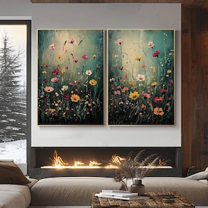Wildflower Oil Painting Set Green Botanical Wall Art Textured Canvas Artwork Modern Wall Decor Nature-Inspired Art Colorful Floral Wall Art