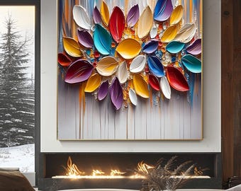 3D Textured Abstract Floral Oil Painting on Canvas, Boho Wall Decor Colorful Flower Petals Painting Custom Modern Wall Art Living Room Decor