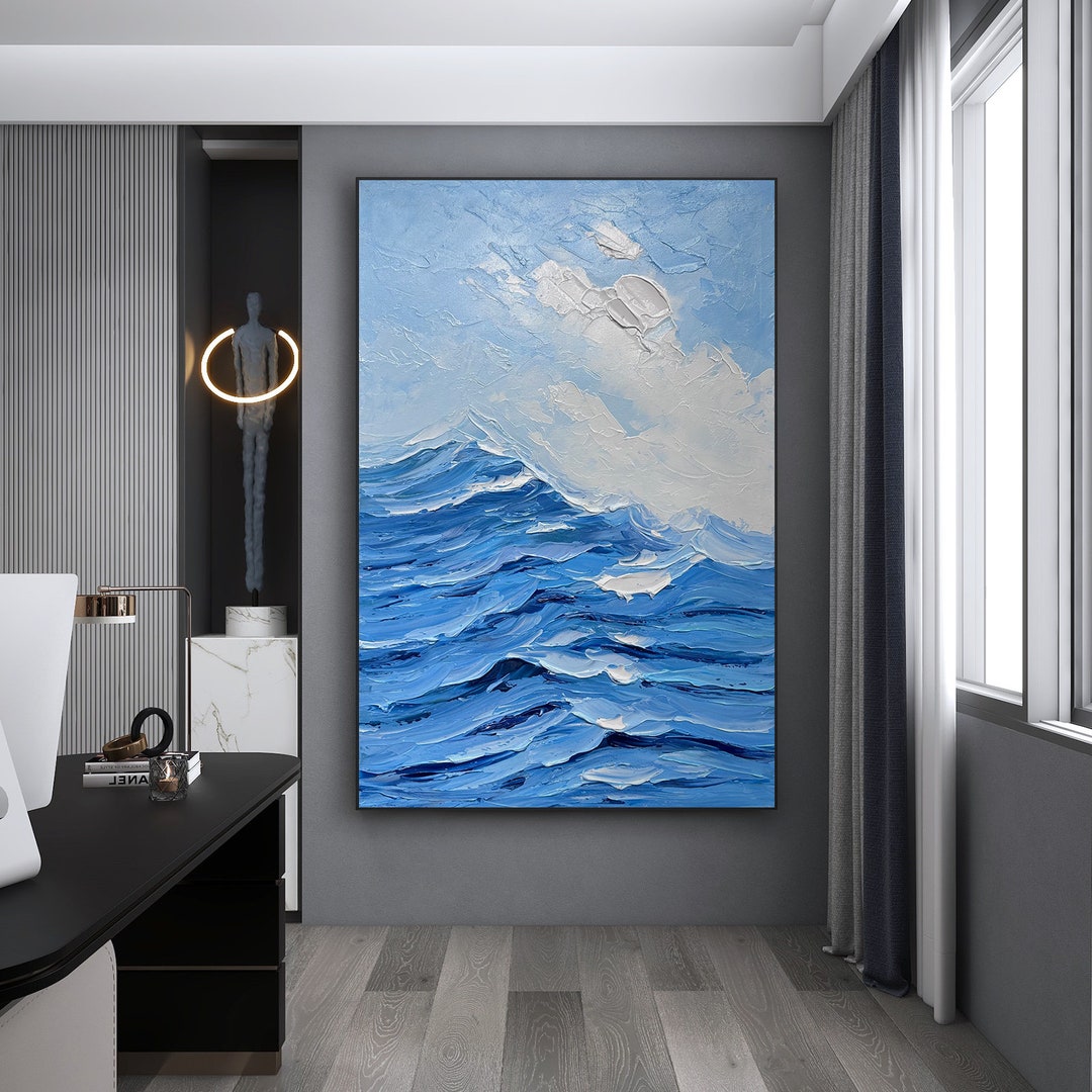Blue Ocean Oil Painting on Canvas 3D Minimalist Textured Wall Art ...