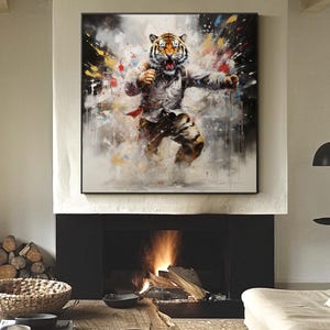 Dynamic Tiger Man Abstract Oil Painting, Pop Art Wall Art, Vibrant Color Splash Fierce Wildlife Artwork, Unique Living Room Decor On Canvas