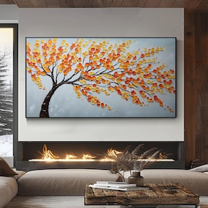 Horizontal Vibrant Autumn Tree Canvas Art, Textured Fall Leaves Painting, Modern Wall Décor, Warm Seasonal Artwork for Living Room or Office