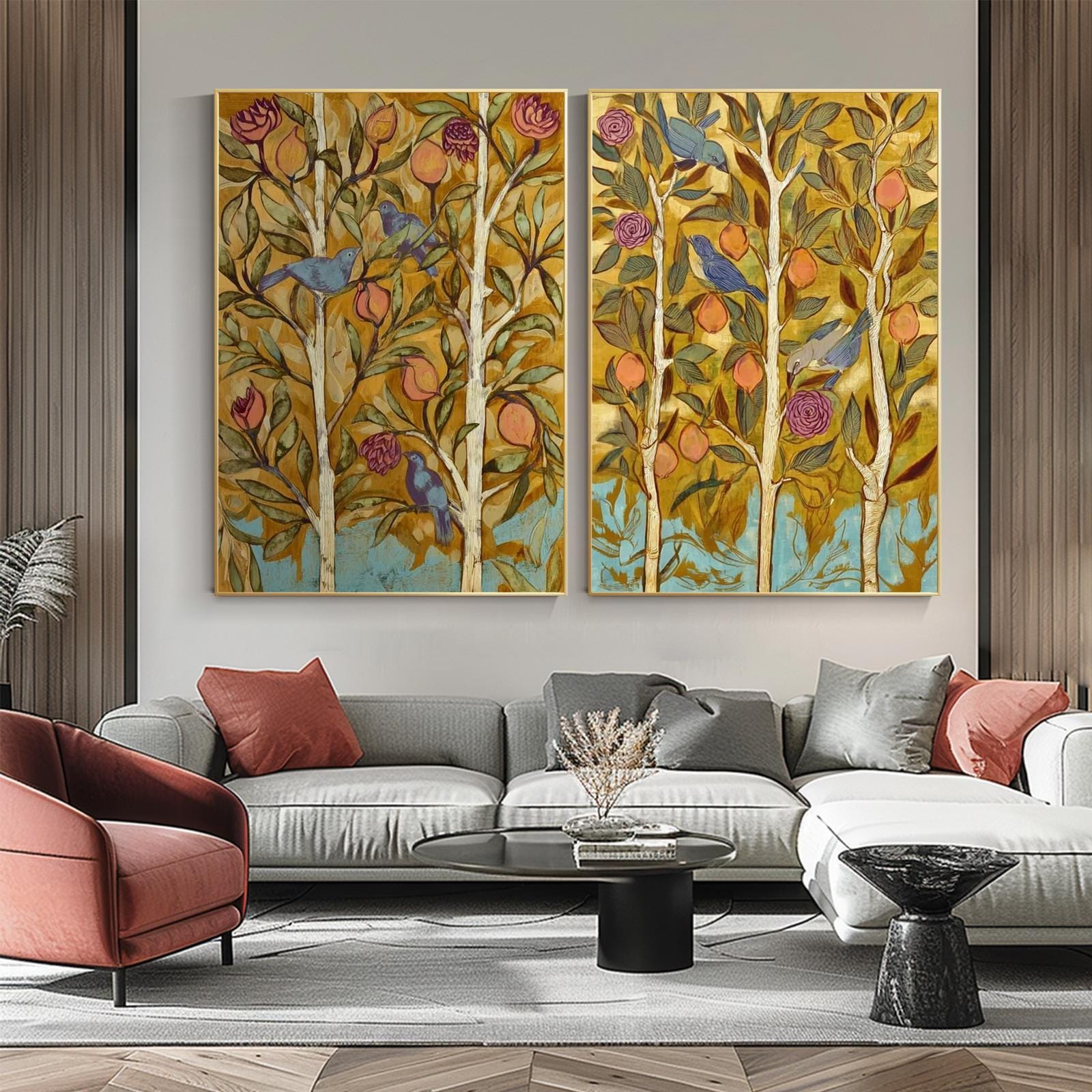 Golden Orchard Birds Wall Art – Vintage Botanical Diptych, Large Fruit Tree & Bluebird Canvas Oil Painting for Living Room Wall Decor