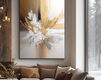 Gold Abstract Painting on Canvas Textured Wall Art Gold Foil Painting Boho Wall Decor Bright Painting Large Modern Art Painting for Hotel