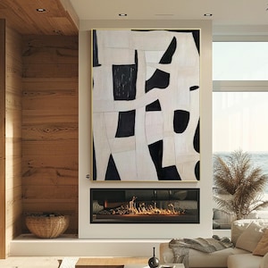 Beige Black Geometric Texture Oil Painting on Canvas, Wabi Sabi Wall Art Beige Minimalist Wall Art Black Neutral Wall Art Livingroom Decor