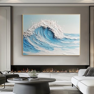 Original Ocean Waves Oil Painting on Canvas, 3D Textured Blue Ocean Wave Painting, Large Minimalist Wall Art, Custom Living Room Wall Decor