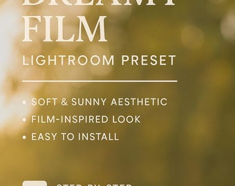 Peut inclure: Un produit numérique pour Lightroom, un logiciel de retouche photo, appelé "Dreamy Film" preset. Le preset est décrit comme ayant une esthétique douce et ensoleillée, un look inspiré du film et est facile à installer. L'image a un arrière-plan flou d'une forêt verte et jaune.