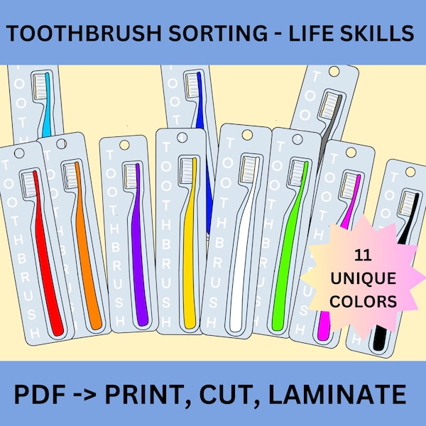 Toothbrush Sorting Activity - Life Skills Resource Special Education, Kindergarten Centers, sorting, Matching, Color, Autism,  Homeschool