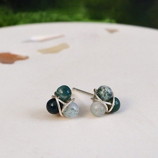 Green Moss Agate Trio Stud Earrings, Dainty Sterling Silver Handmade Gemstone Jewellery. Minimalist Earrings Gift Wrapped, Gift For Her