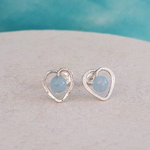 Aquamarine Heart Stud Earrings, March Birthstone, Sterling Silver Handmade Jewellery, Natural Gemstone Earrings, Gift Wrapped,