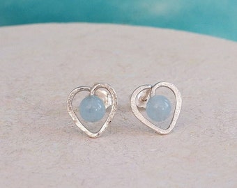 Aquamarine Heart Stud Earrings, March Birthstone, Sterling Silver Handmade Jewellery, Natural Gemstone Earrings, Gift Wrapped,