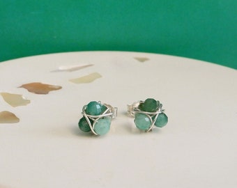 Natural Emerald Trio Stud Earrings, May Birthstone Handmade in Sterling Silver Dainty Minimalist Green Earrings, Jewellery Gift For Her