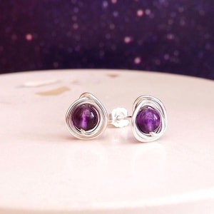 Amethyst Stud Earrings in Hammered Silver, February Birthstone, Handmade Gemstone Jewellery, Gift Wrapped
