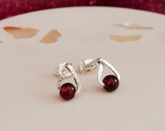 Garnet Stud Earrings: Dainty Triangle Sterling Silver Jewellery, January Birthstone, Gift Wrapped