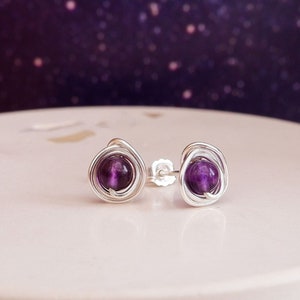 Natural Amethyst Stud Earrings, February Birthstone Gift, Sterling Silver Circle Stud Earrings, Purple Crystal Handmade Jewellery, Gift Box