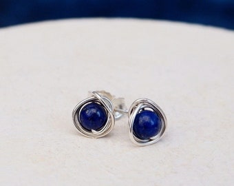 Lapis Lazuli Circle Gemstone Stud Earrings. Handmade Jewellery. Sterling Silver Dainty Crystal Earrings. September Birthstone Gift For Her