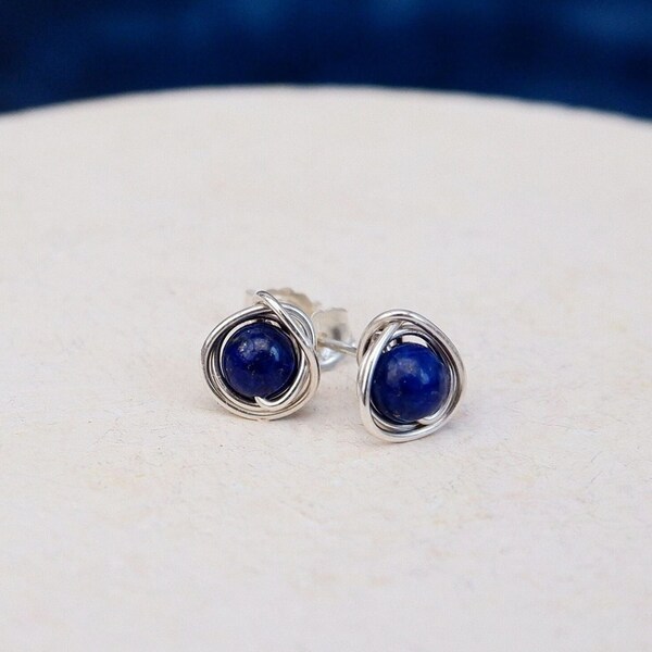 Lapis Lazuli Circle Gemstone Stud Earrings. Handmade Jewellery. Sterling Silver Dainty Crystal Earrings. September Birthstone Gift For Her