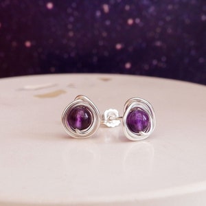 Natural Amethyst Stud Earrings, February Birthstone Gift, Sterling Silver Circle Stud Earrings, Purple Crystal Handmade Jewellery, Gift Box