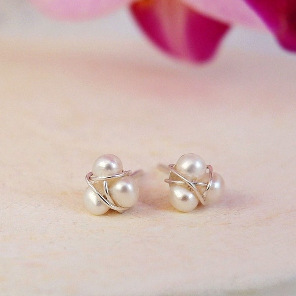 Trio Pearl Stud Earrings, Dainty White Freshwater Pearls Sterling Silver, Modern Pearl Wedding Earrings, Handmade Jewellery, Gift Wrapped