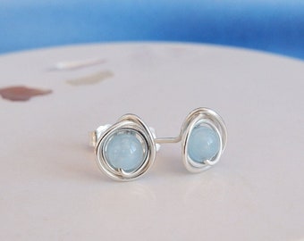 Aquamarine Gemstone Stud Earrings in Sterling Silver, March Birthstone, Dainty Handmade Jewellery, Circle Studs, Gift for Mom, Gift Wrapped