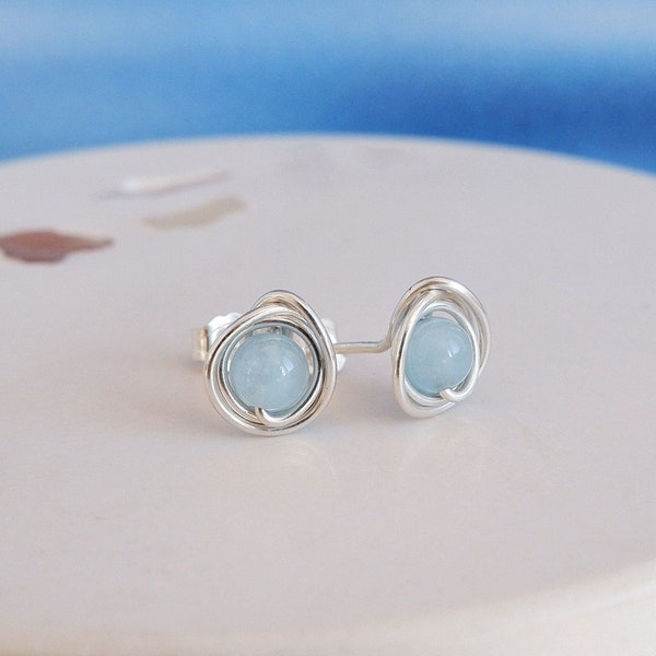 Aquamarine Gemstone Stud Earrings in Sterling Silver, March Birthstone, Dainty Handmade Jewellery, Circle Studs, Gift for Mom, Gift Wrapped