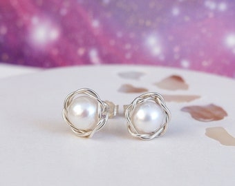 Knot Freshwater Pearl Stud Earrings. June Birthstone Gift. Bridal Earrings.  Handmade Pearl Jewellery. Gift For Her. Sterling Silver Studs