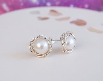 Knot Freshwater Pearl Stud Earrings. June Birthstone Gift. Bridal Earrings.  Handmade Pearl Jewellery. Gift For Her. Sterling Silver Studs