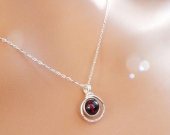 Garnet Pendant Necklace in Hammered Silver, January Birthstone, Handmade Gemstone Jewellery Gift Wrapped