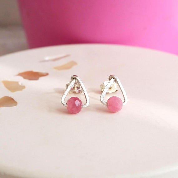 Handmade Pink Tourmaline Sterling Silver Stud Earrings: October Birthstone Jewellery, Gift Wrapped