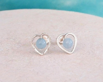 Aquamarine Heart Stud Earrings: Handmade Sterling Silver, March Birthstone Jewellery, Gift Wrapped