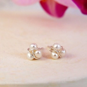 Trio Pearl Stud Earrings June Birthstone Gift Dainty Pearl Earrings Silver Pearl Wedding Earrings Handmade Jewelry Gift For Her Gift Wrapped