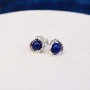 Lapis Lazuli Circle Gemstone Stud Earrings Handmade Jewellery Sterling Silver Dainty Crystal Earrings September Birthstone Gift For Her