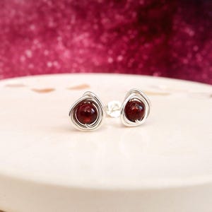 Garnet Stud Earrings in Hammered Silver, January Birthstone Handmade Jewellery, Gift Wrapped