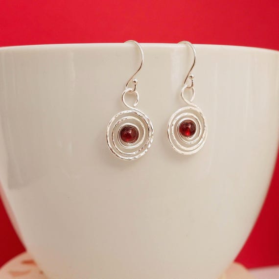 Garnet Drop Earrings in Hammered Silver, January Birthstone Jewellery, Handmade Sterling Silver, Gift Wrapped