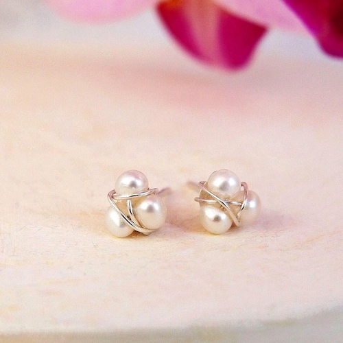 Pearl Trio Stud Earrings: June Birthstone Sterling Silver Handmade Jewellery, Gift Wrapped