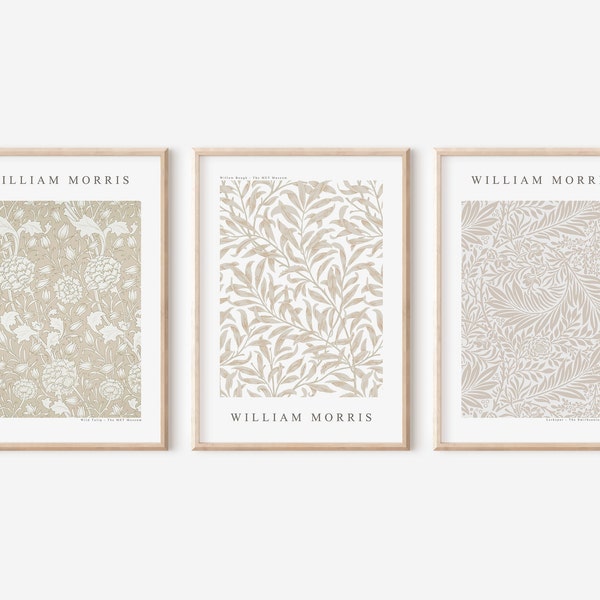 3 Piece Set of Neutral Beige William Morris Prints, Digital Download, Botanical Wall Art, Museum Exhibition Posters, Vintage Textile Design