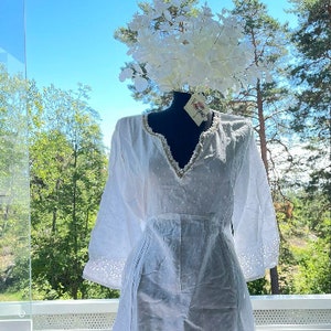White summer dress with golden bead details in the neck, white short summer dress