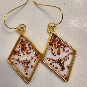 Texas Longhorns, University of Texas, Hook &#39;em Horns, Burnt Orange, Texas football, UT, dangle, orange, glitter