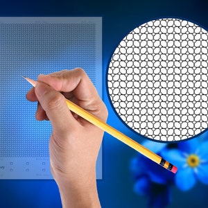 May include: A hand holding a yellow pencil is pointing to a grid of small circles on a white sheet of paper. The grid is surrounded by a blue border. A magnifying glass shows a close-up of the grid pattern. The background is a blurred image of a blue flower.