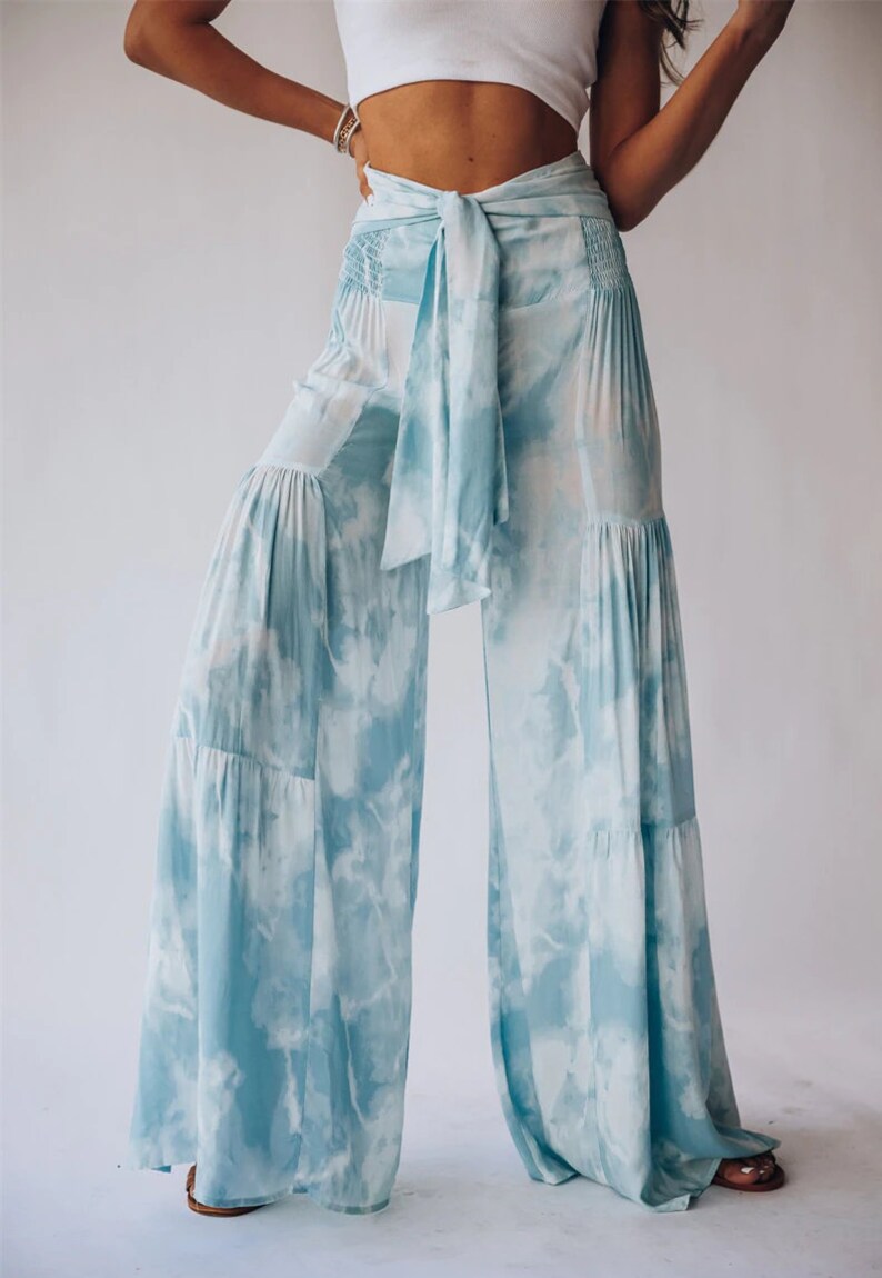 Women's Boho Pants Blue Extra Wide Leg Pants Flowing Etsy