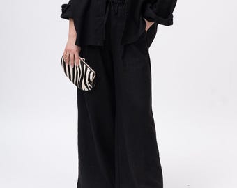 Pantaloni di lino a gamba larga LUNAR Pantaloni palazzo in lino da donna Pantaloni estivi Abbigliamento in lino Pantaloni di lino larghi Vita elasticizzata Pantaloni primaverili
