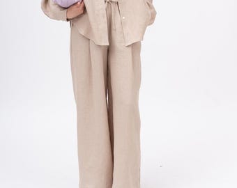 Pantaloni di lino a gamba larga LUNAR Pantaloni palazzo in lino da donna Pantaloni estivi Abbigliamento in lino Pantaloni di lino larghi con elastico in vita