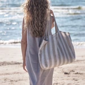 Striped Large Beach Bag With Pockets Linen Summer Tote Bag Durable Summer Beach Bag Big Shoulder Bag Best Holiday Gift