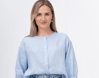Elegant Womens Top BREEZE Minimalist Dropped Shoulders Women Tops Blouses With Buttons Sky Blue Loose Linen Top Casual Linen Clothing