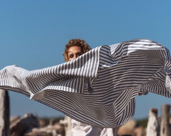 Luxury oversized beach towel. Extra large linen beach towel. Blue striped beach blanket. Compact beach towel with case. Thoughtful gift.