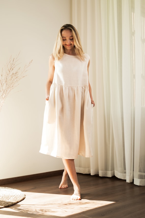 Linen Summer Dress Sleeveless Linen Dress Loose Summer Dress Sun Dress Midi Linen Dress Summer Dresses for Women Plus Size Dress Cream White