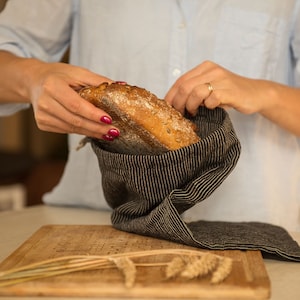 Bread bag. Linen storage bag. Bag for nuts, herbs. Black striped. Organic food storage. Fresh bakery shopping bag .