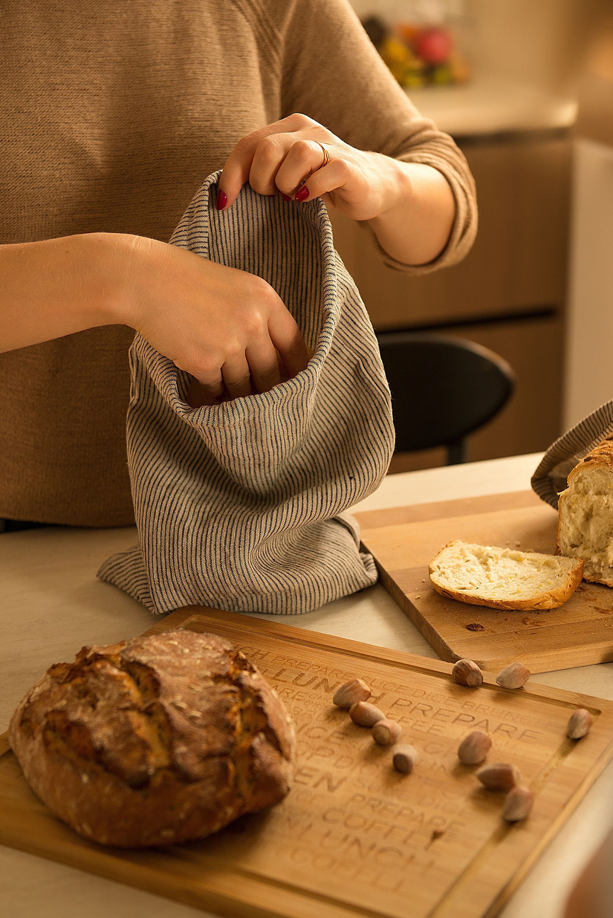 Gift Set - Bread Bag & Kitchen Towel - Linen Bread Bag - Linen Towel