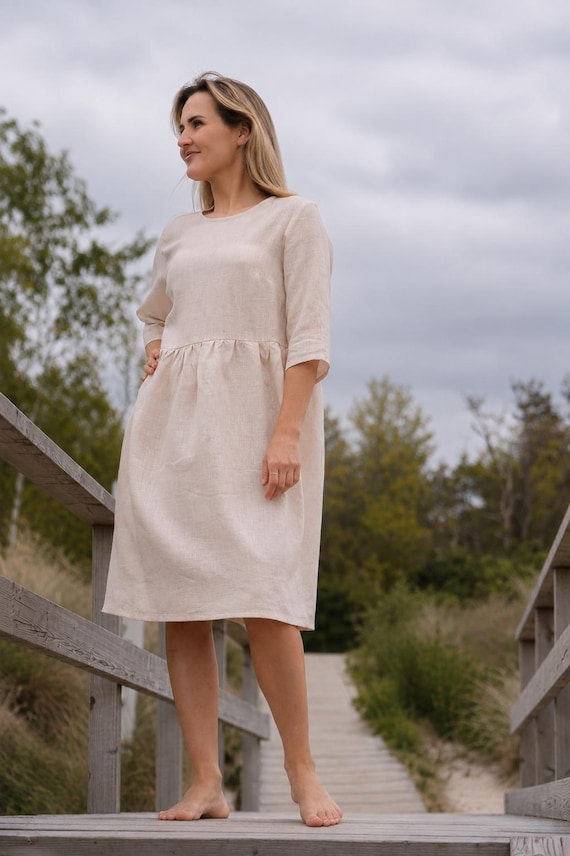 Womens Linen Dress Summer Dress Loose House Dress With Pockets Linen Clothes Casual Linen Dress With Sleeves - Ready to Go