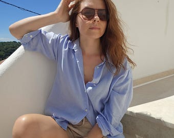 Light Blue Linen Shirt for Women, Relaxed Fit Button Down Shirt, Long Sleeve Linen Blouse