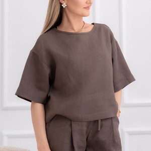 Linen Boxy Top Linen Top Short Sleeve Linen Blouse Dark Brown Relaxed Fit Linen Top For Women Chocolate